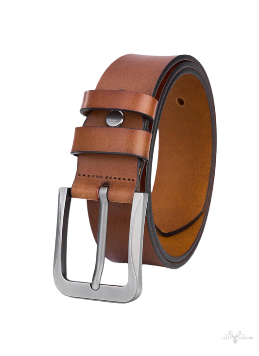 Luxuriöse Herrengürtel Leder - Vollleder in Cognacfarbe - Langlebige und elegante Herren Gürtelschnalle mit Vintage-Muster