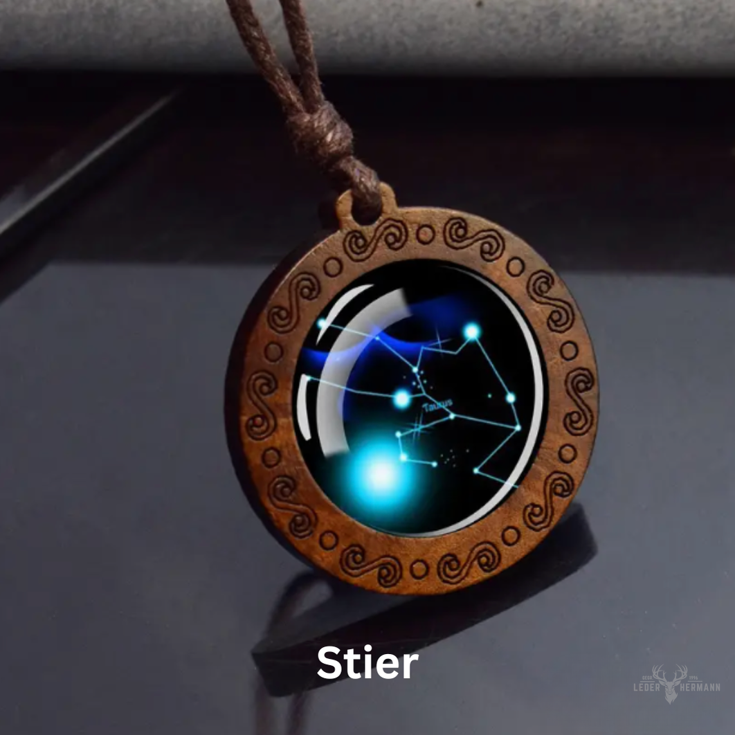 Sternzeichen Halskette mit verstellbarerem Echt Lederband