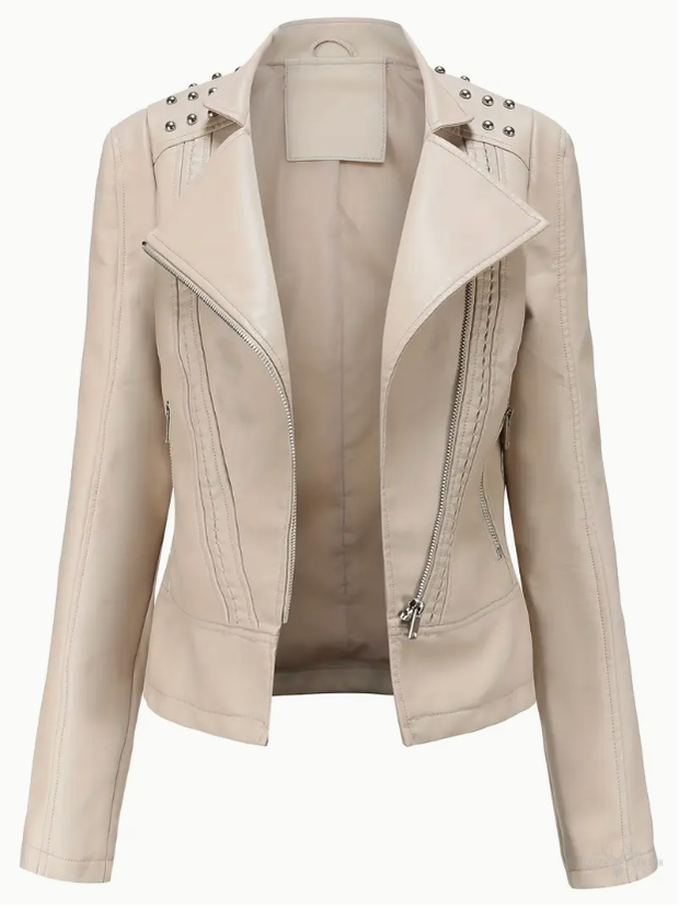Elegante Langarm Biker Lederjacke mit Perlen Design