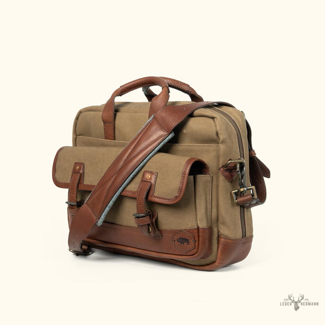 Dakota Reserve Wachs Canvas und Leder Aktentasche | Elegantes Field Khaki mit Reichem Kastanienbraun