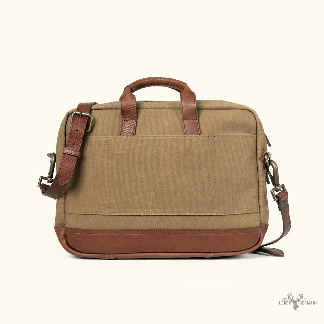 Dakota Reserve Wachs Canvas und Leder Aktentasche | Elegantes Field Khaki mit Reichem Kastanienbraun