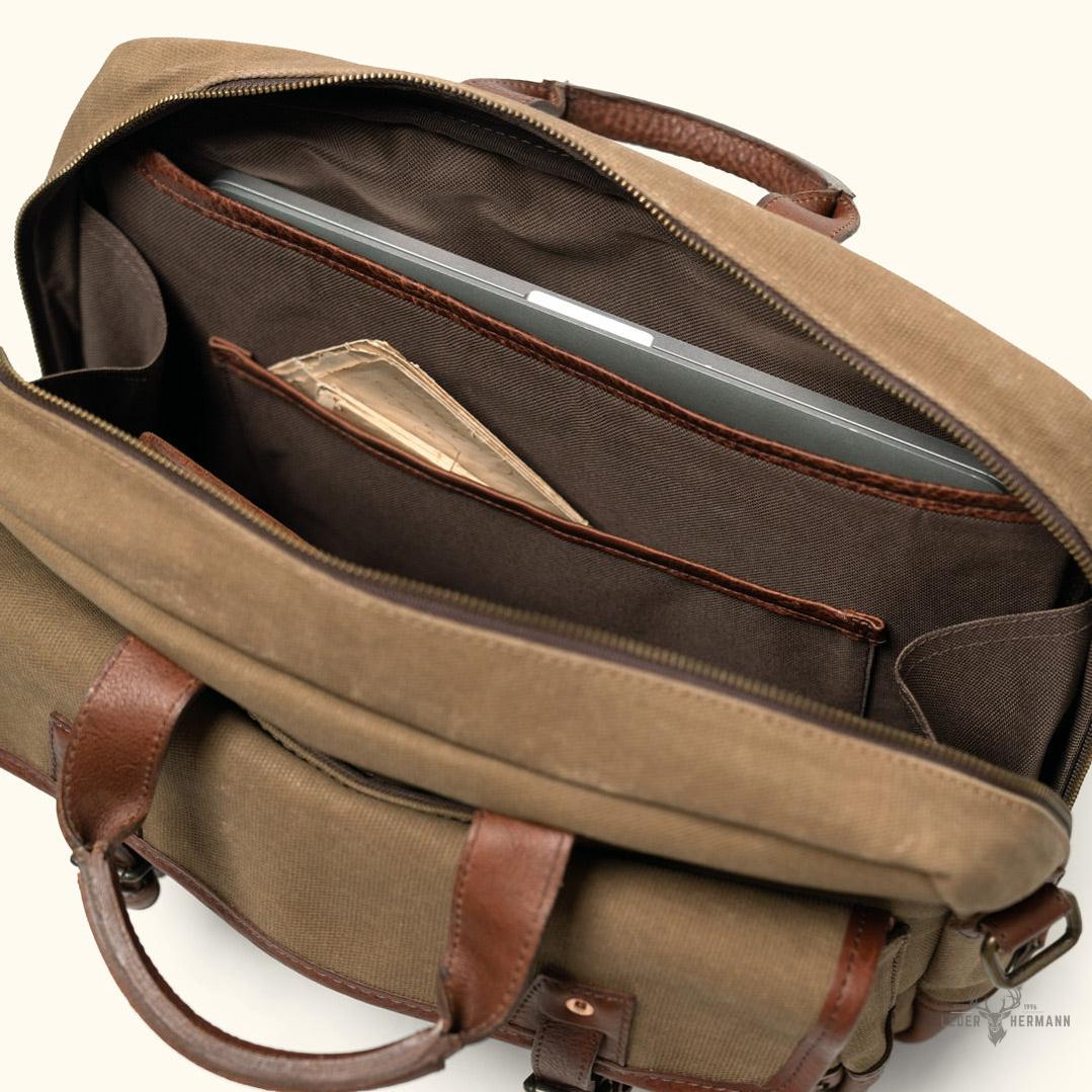 Dakota Reserve Wachs Canvas und Leder Aktentasche | Elegantes Field Khaki mit Reichem Kastanienbraun