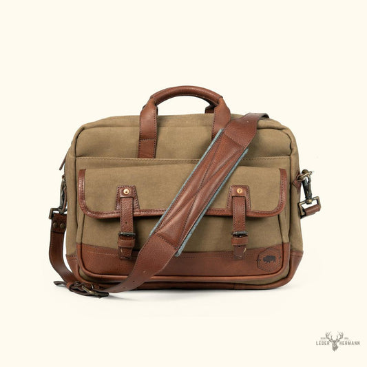 Dakota Reserve Wachs Canvas und Leder Aktentasche | Elegantes Field Khaki mit Reichem Kastanienbraun