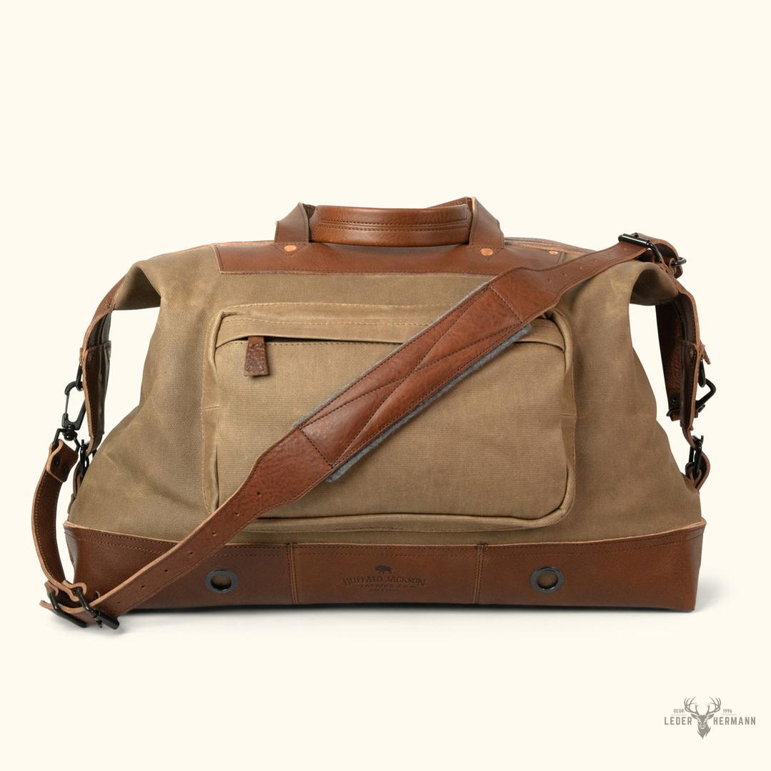 Dakota Wachsig Canvas Übergrößen Wochenendreisetasche mit stilvollen Feld-Khaki- und Chestnut-Braunen Leder Akzenten