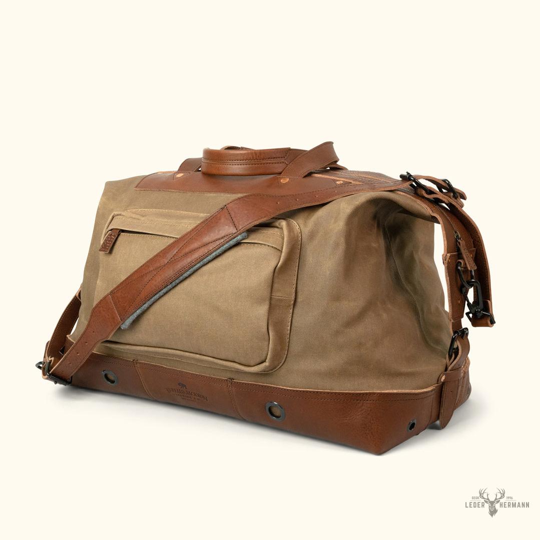 Dakota Wachsig Canvas Übergrößen Wochenendreisetasche mit stilvollen Feld-Khaki- und Chestnut-Braunen Leder Akzenten