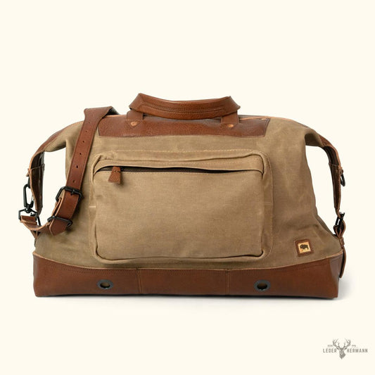 Dakota Wachsig Canvas Übergrößen Wochenendreisetasche mit stilvollen Feld-Khaki- und Chestnut-Braunen Leder Akzenten