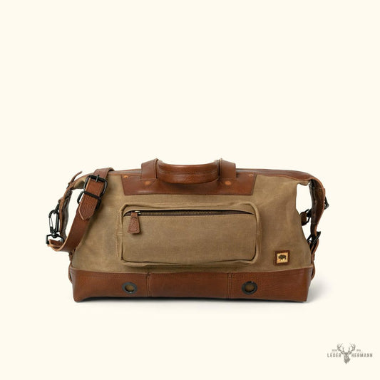 Dakota Wachswollbeutel für das Wochenende mit eleganten Feld-Khaki- und reichhaltigen Kastanienbraunen Lederakzenten