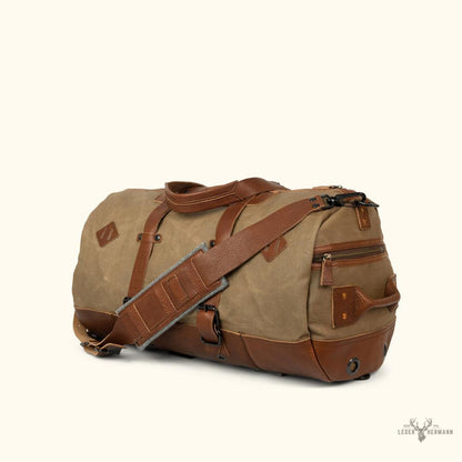Dakota Wachskanvas Duffle Bag und Backpack Set | Stilvolles Field Khaki mit edlen Chestnut Braun Leder Details