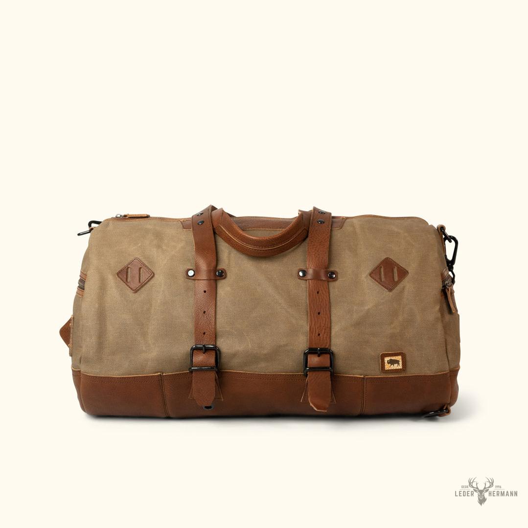 Dakota Wachskanvas Duffle Bag und Backpack Set | Stilvolles Field Khaki mit edlen Chestnut Braun Leder Details