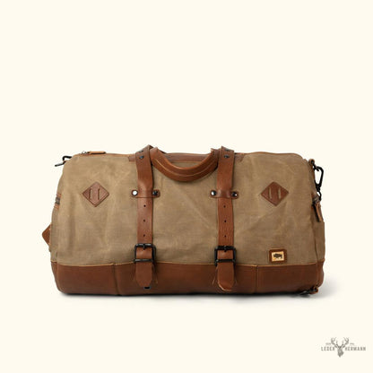 Dakota Wachskanvas Duffle Bag und Backpack Set | Stilvolles Field Khaki mit edlen Chestnut Braun Leder Details