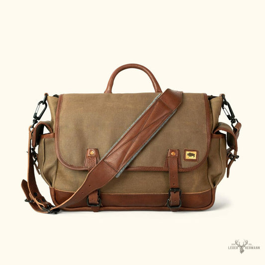 Dakota Wachskanvas Messenger Bag - Stilvolles Field Khaki mit elegantem Chestnut Brown Leder Abnehmbarer Schultergurt für vielseitiges Tragen