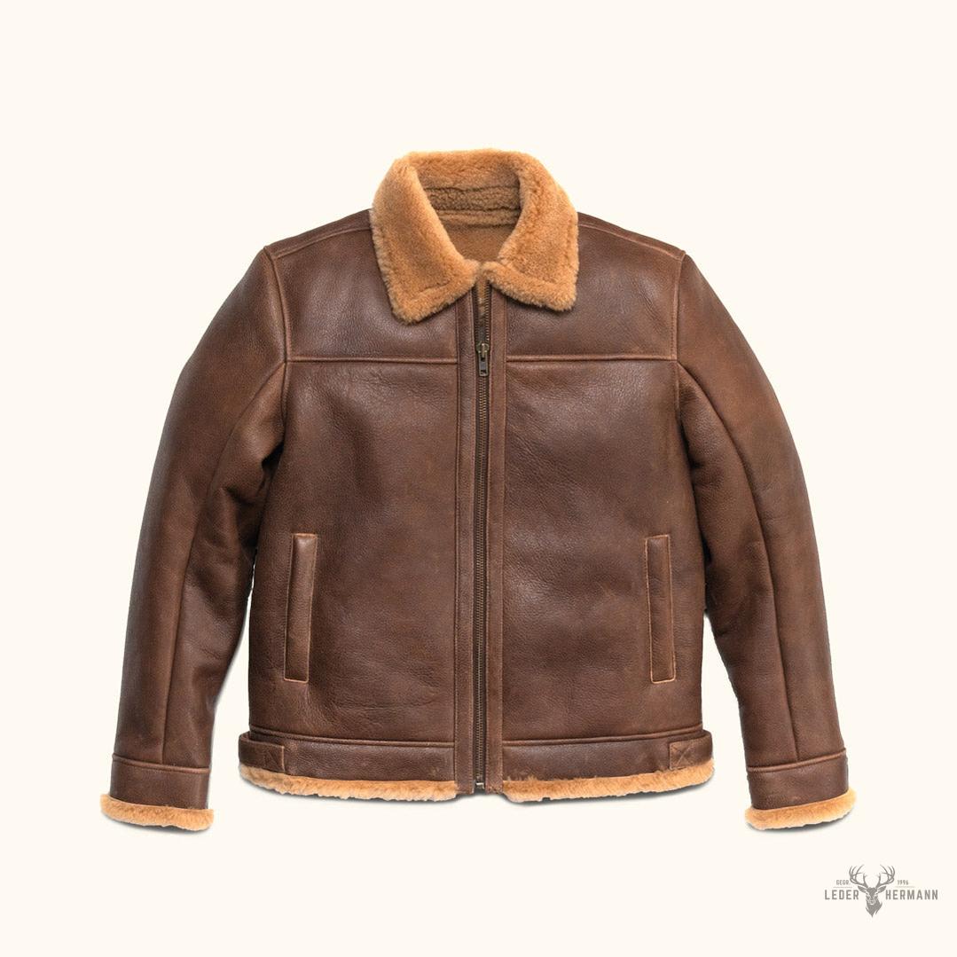 Bomberjacke aus Shearling und braunem Grizzlyleder für einen trendigen und warmen Look