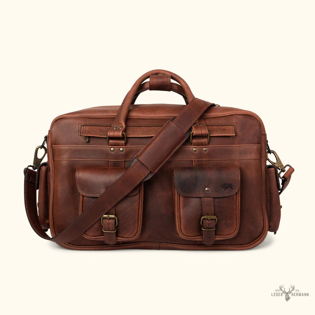 Voluminöse Lederflugtasche aus Büffelleder Roosevelt – Dunkel Eiche