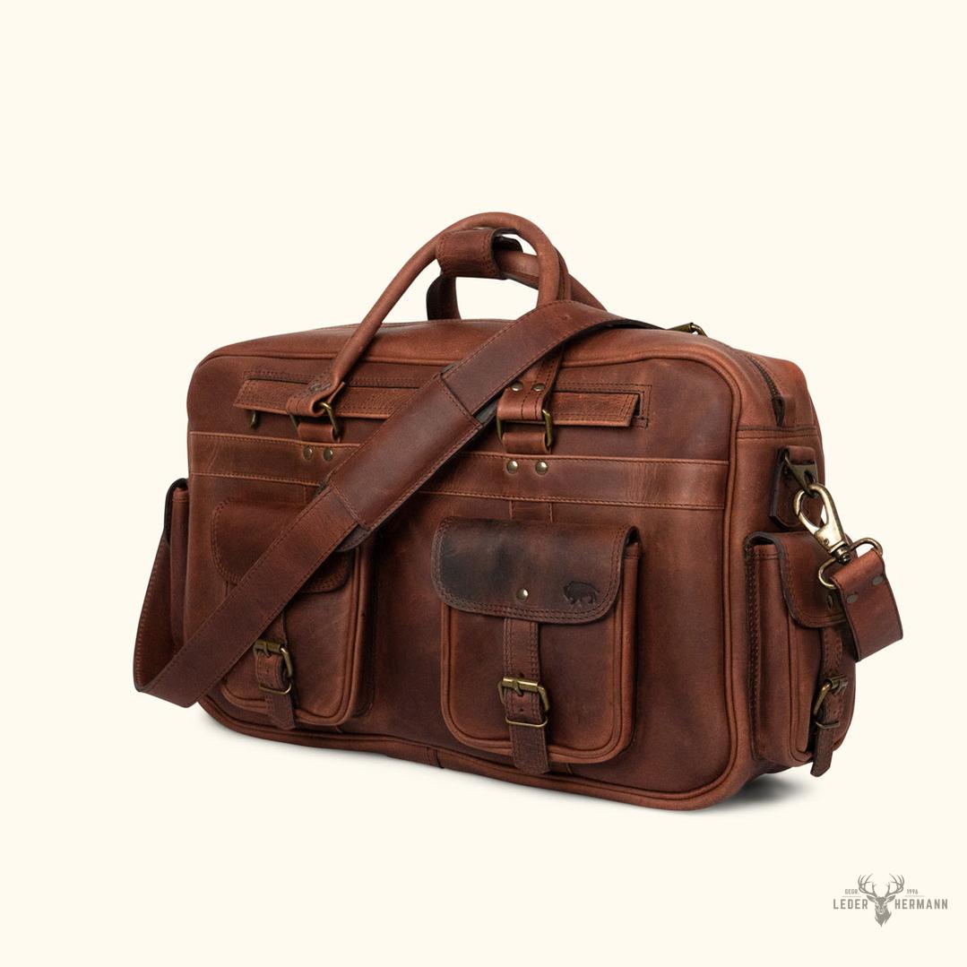 Voluminöse Lederflugtasche aus Büffelleder Roosevelt – Dunkel Eiche