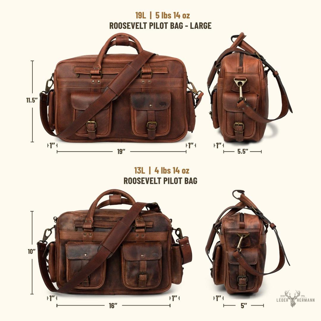 Voluminöse Lederflugtasche aus Büffelleder Roosevelt – Dunkel Eiche