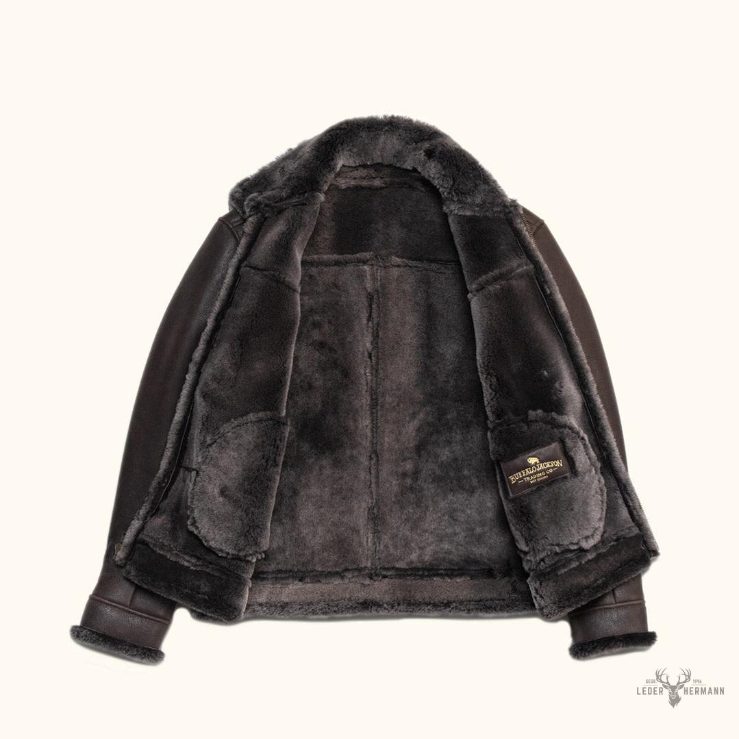 Elegante und warme Braune Espresso Lamm- und Leder-Bomberjacke