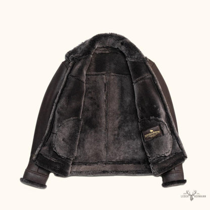 Elegante und warme Braune Espresso Lamm- und Leder-Bomberjacke