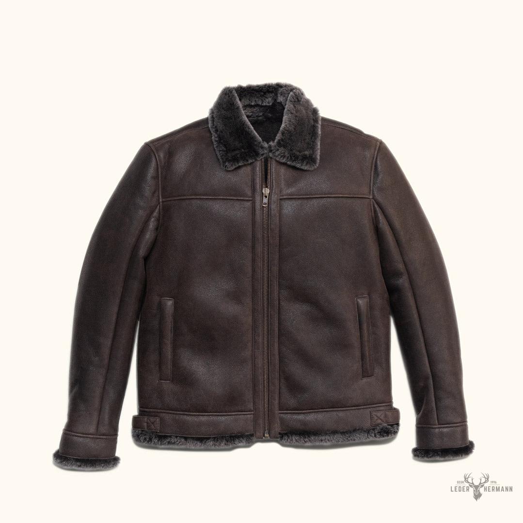 Elegante und warme Braune Espresso Lamm- und Leder-Bomberjacke