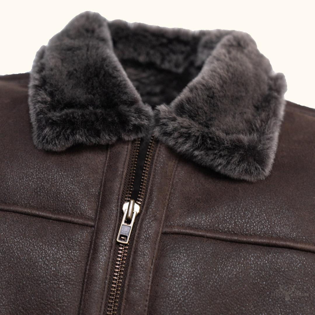 Elegante und warme Braune Espresso Lamm- und Leder-Bomberjacke