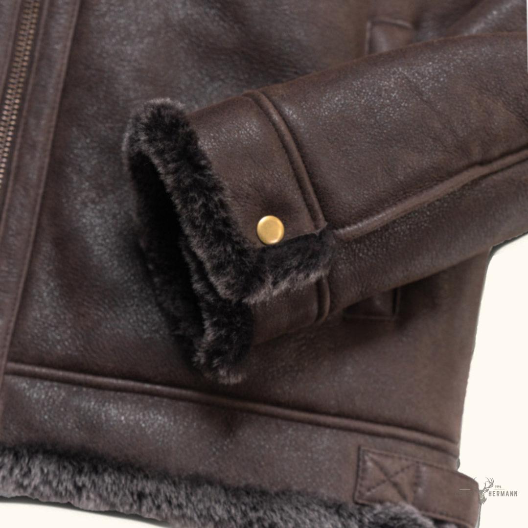 Elegante und warme Braune Espresso Lamm- und Leder-Bomberjacke