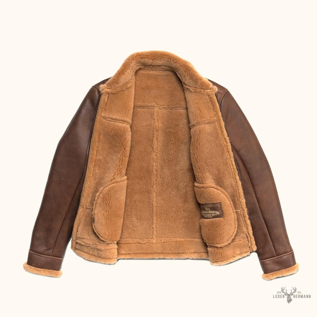 Bomberjacke aus Shearling und braunem Grizzlyleder für einen trendigen und warmen Look