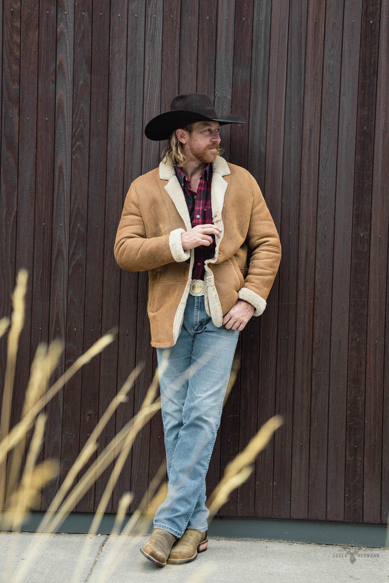Leder- und Shearling-Blazer Big Sky – Wärmende Eleganz in Sandbraun