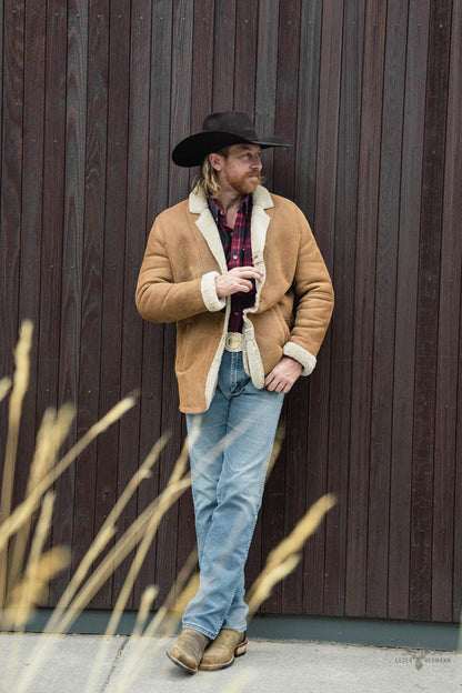 Leder- und Shearling-Blazer Big Sky – Wärmende Eleganz in Sandbraun