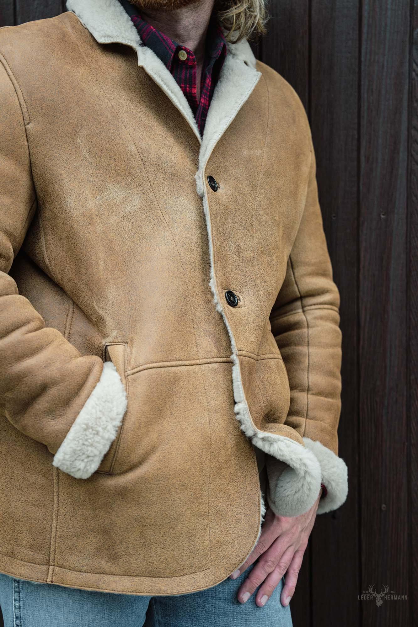 Leder- und Shearling-Blazer Big Sky – Wärmende Eleganz in Sandbraun