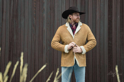 Leder- und Shearling-Blazer Big Sky – Wärmende Eleganz in Sandbraun