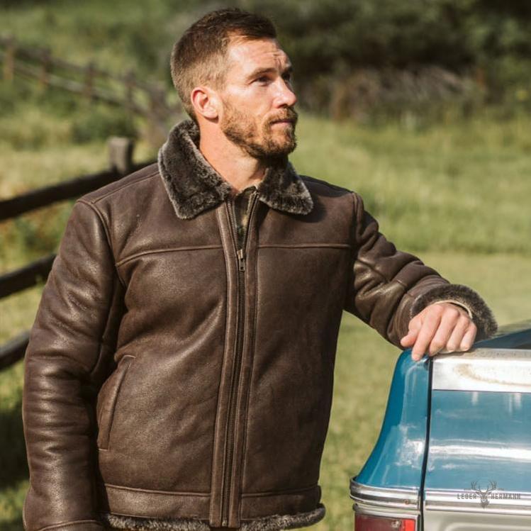 Elegante und warme Braune Espresso Lamm- und Leder-Bomberjacke