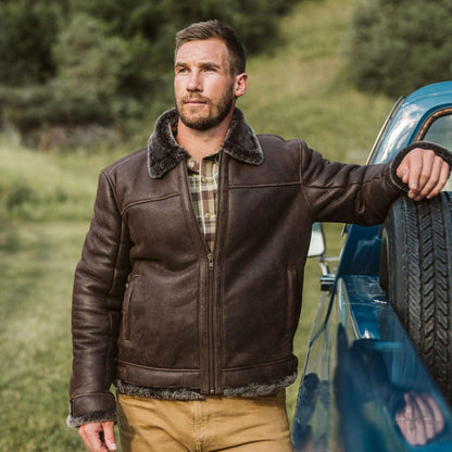 Elegante und warme Braune Espresso Lamm- und Leder-Bomberjacke