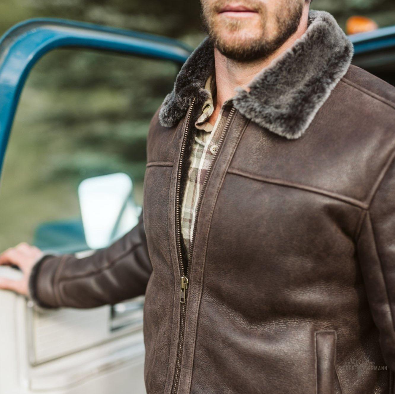 Elegante und warme Braune Espresso Lamm- und Leder-Bomberjacke