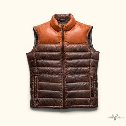Bridger Leder Daunenweste - Elegantes Tan & Braun für stilvolle Wärme
