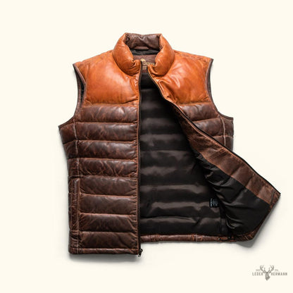 Bridger Leder Daunenweste - Elegantes Tan & Braun für stilvolle Wärme