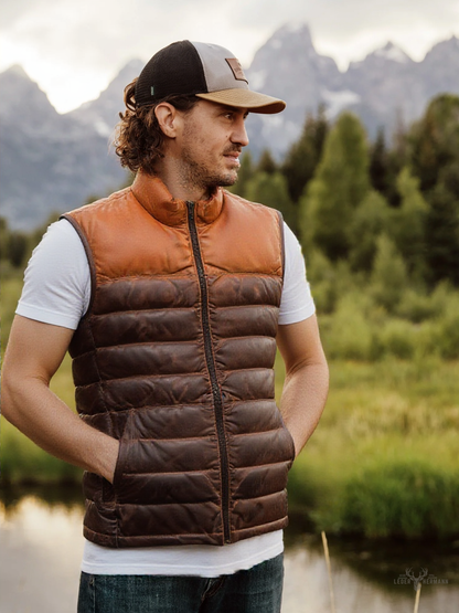 Bridger Leder Daunenweste - Elegantes Tan & Braun für stilvolle Wärme