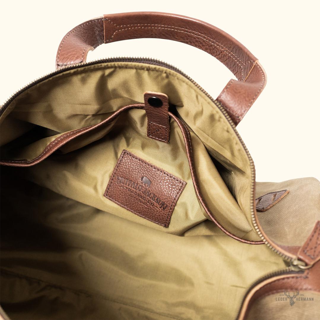 Dakota Wachskanvas Duffle Bag und Backpack Set | Stilvolles Field Khaki mit edlen Chestnut Braun Leder Details