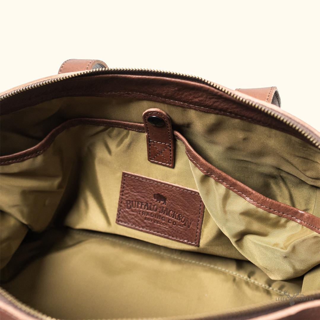 Dakota Wachswollbeutel für das Wochenende mit eleganten Feld-Khaki- und reichhaltigen Kastanienbraunen Lederakzenten