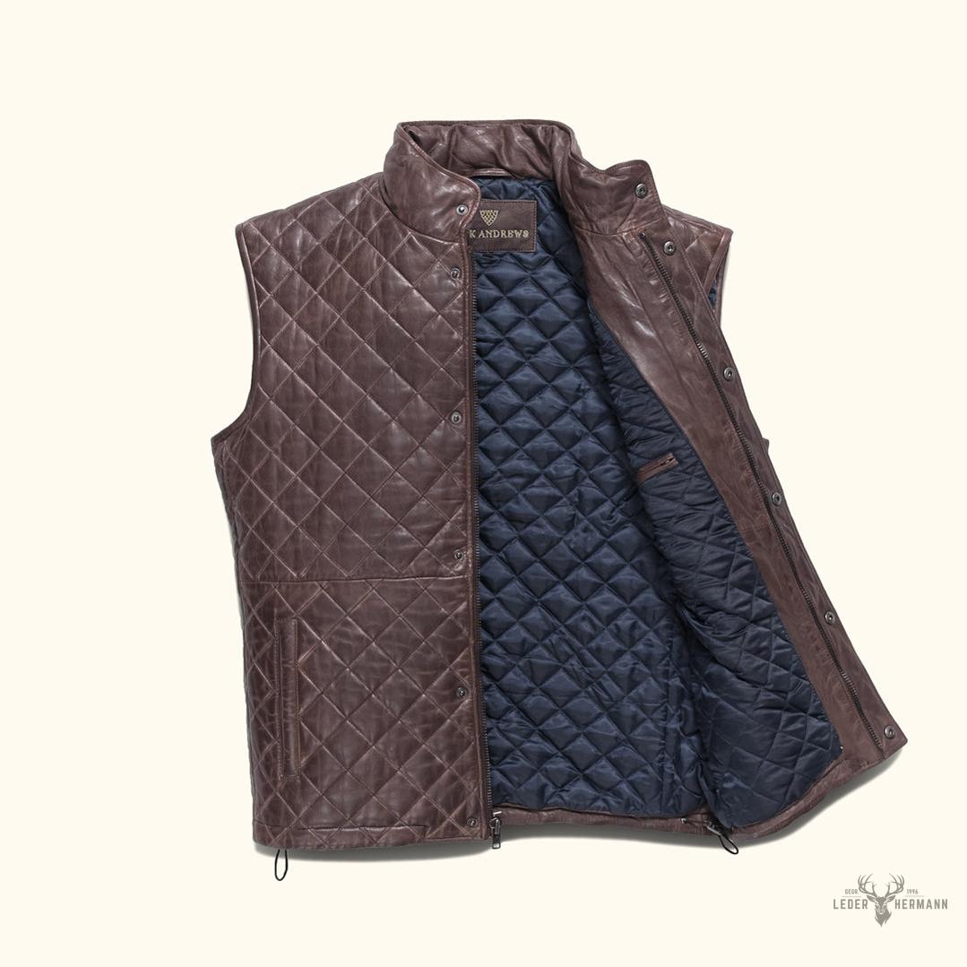 Elegante Highlands Steppweste aus Leder in warmem Mahagoni-Braun
