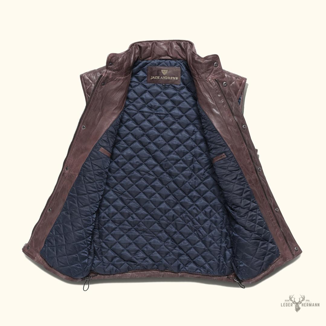 Elegante Highlands Steppweste aus Leder in warmem Mahagoni-Braun