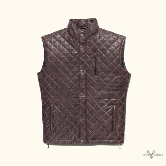 Elegante Highlands Steppweste aus Leder in warmem Mahagoni-Braun