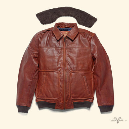 Limitierte Edition Maverick Leder-Bomberjacke in Reichem Büffel-Textur Braun