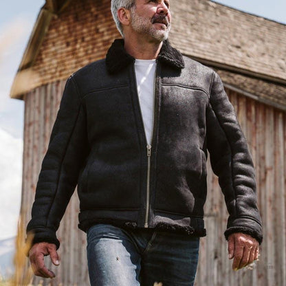 Lederimitat mit Shearling-Stil Bomber Jacke – Schwarze Eleganz für einen trendigen Look