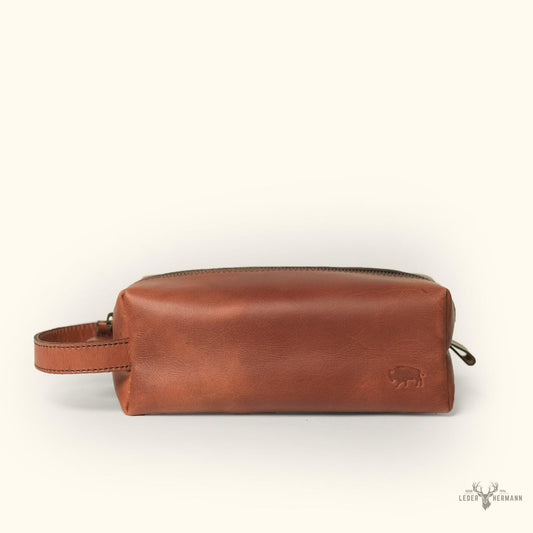 Elegantes Roosevelt Buffalo Leder Dopp Kit in Reichem Bernsteinbraun