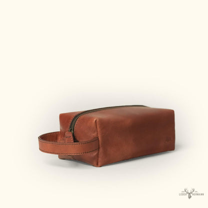 Elegantes Roosevelt Buffalo Leder Dopp Kit in Reichem Bernsteinbraun