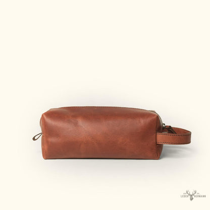 Elegantes Roosevelt Buffalo Leder Dopp Kit in Reichem Bernsteinbraun