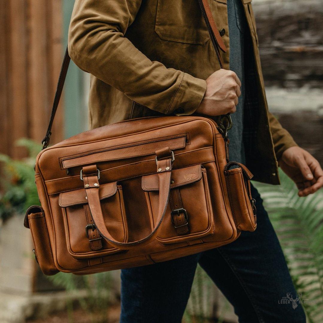 Elegante Roosevelt Buffalo-Leder Pilotentasche in Reichem Bernsteinbraun