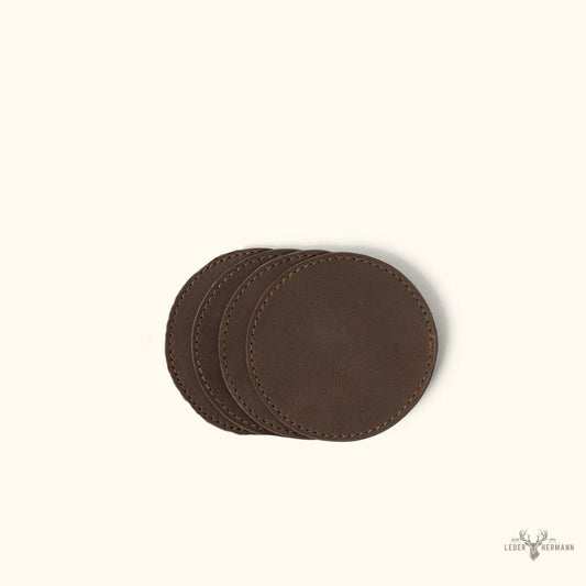 Set aus 4 Leder-Untersetzern Denver Leather Coasters - Rund | Dunkles Brombeerfarben