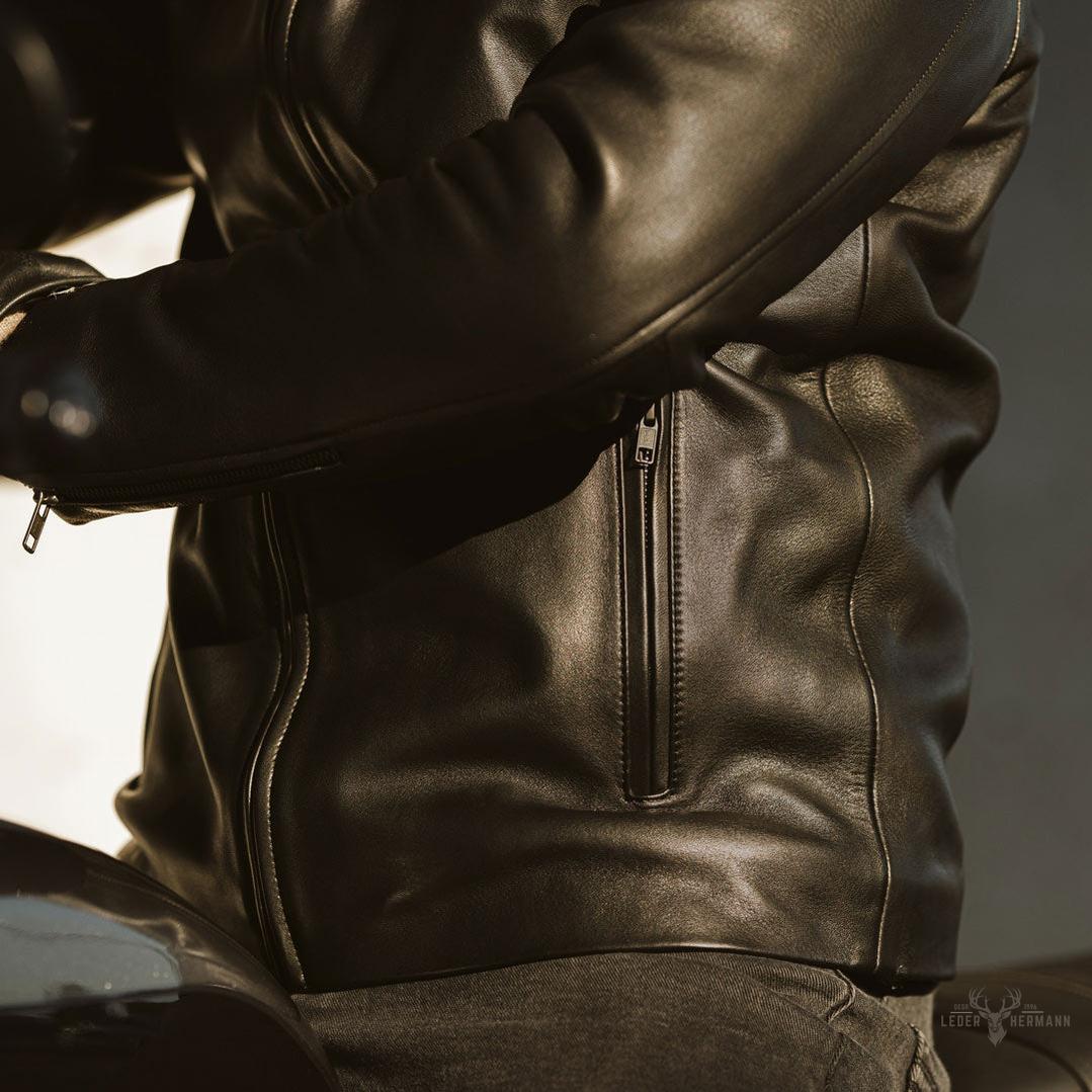 Thompson Herren Leder Motorradjacke im klassischen Schwarz für stilvolle und selbstbewusste Männer
