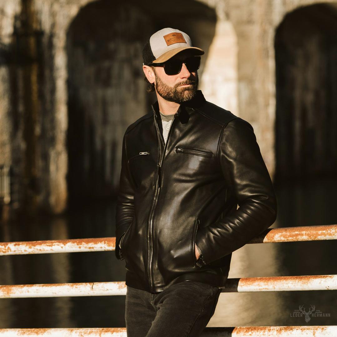 Thompson Herren Leder Motorradjacke im klassischen Schwarz für stilvolle und selbstbewusste Männer