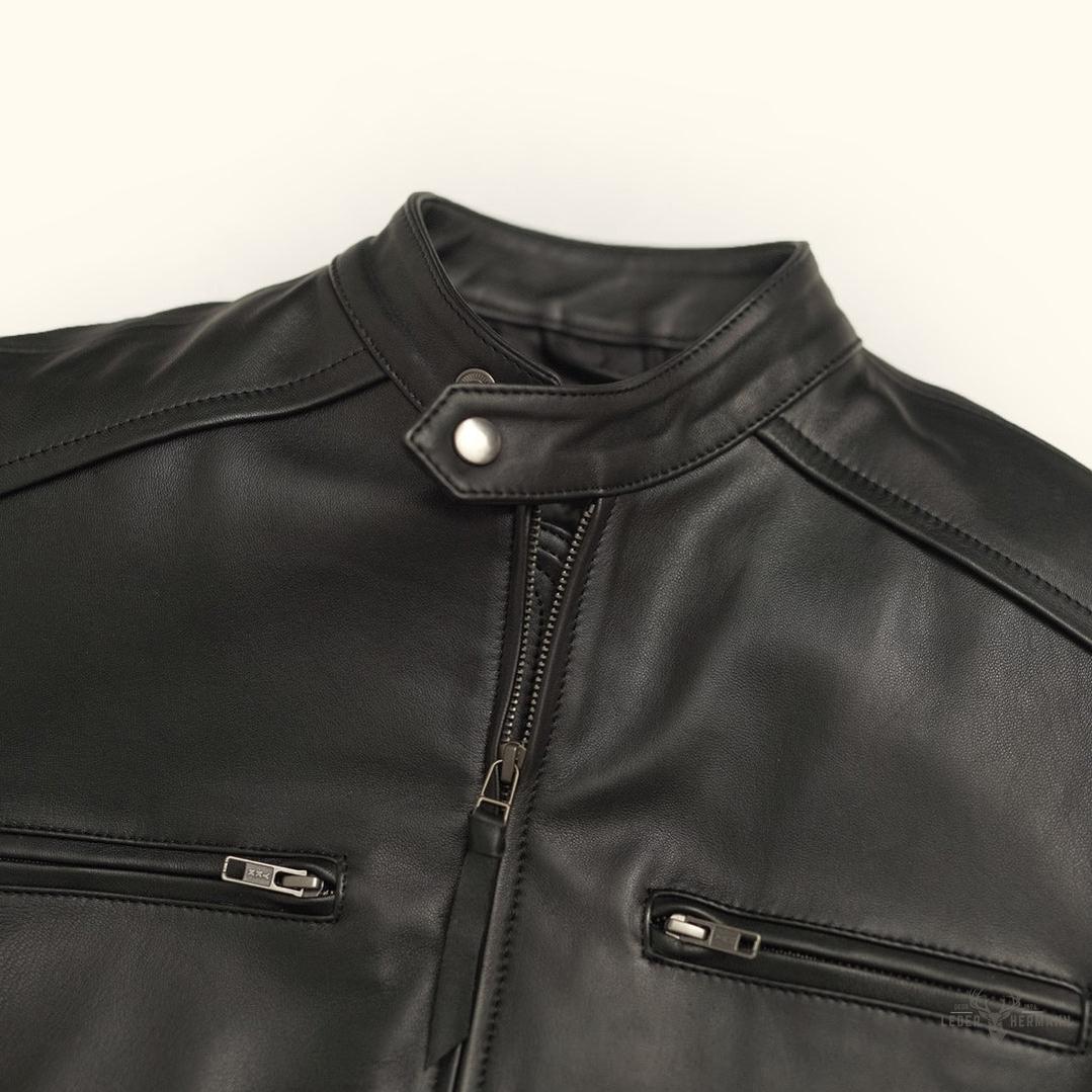 Thompson Herren Leder Motorradjacke im klassischen Schwarz für stilvolle und selbstbewusste Männer